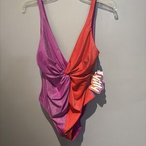 Yitty One Piece Swimsuit Shaping Swim Luxe Twist Plunge Shimmered Viva Magenta L